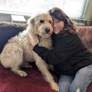 Bob the Dog celebrating Ma’s Birthday with cake, paw prints, and lots of love for his best human.